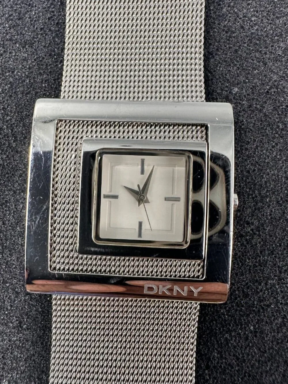 DKNY Watch Women Stainless Steel Square Dial Mesh Band New Battery 8.5